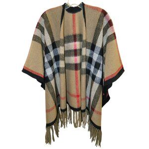 Brown Black Red Beige Plaid Fringe Poncho Shawl Wrap One Size Fits Most